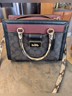 Coach Grace Signature Logo Satchel in Brown & Burgundy with Snake-Print Trim